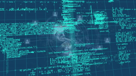 Animation-Von-Symbolen-Rund-Um-Den-Globus,-Gittermuster-Und-Computersprache-Auf-Abstraktem-Hintergrund