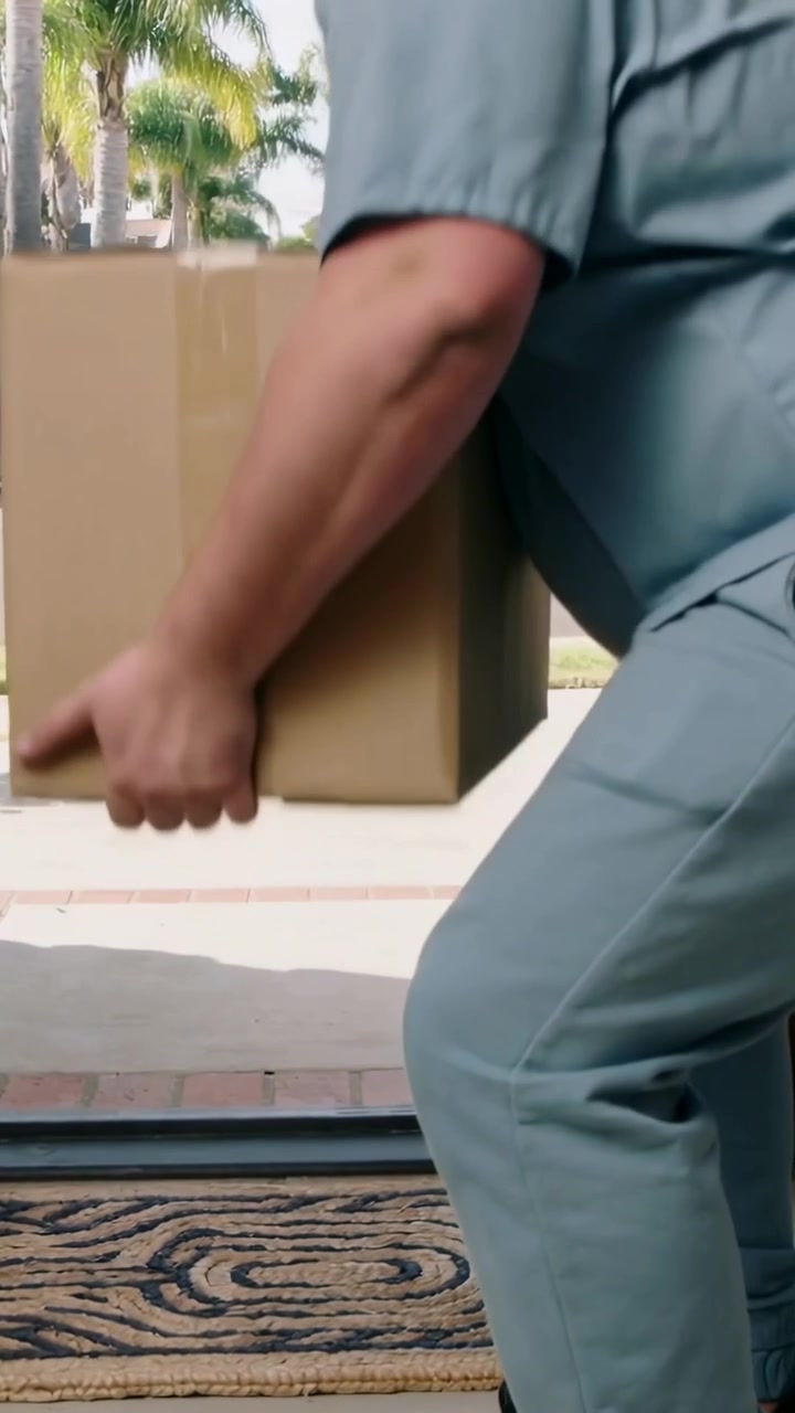 Vídeo vertical: Homem de uniforme azul-petróleo agachado na porta, levantando caixa, entregando pacote dentro de casa.