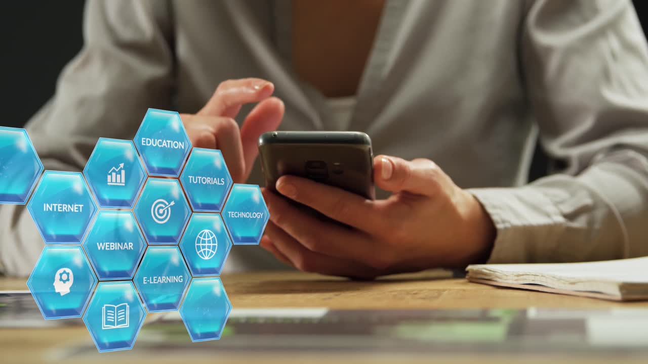 animación de conexiones con iconos sobre mujer de negocios caucásica usando teléfono inteligente