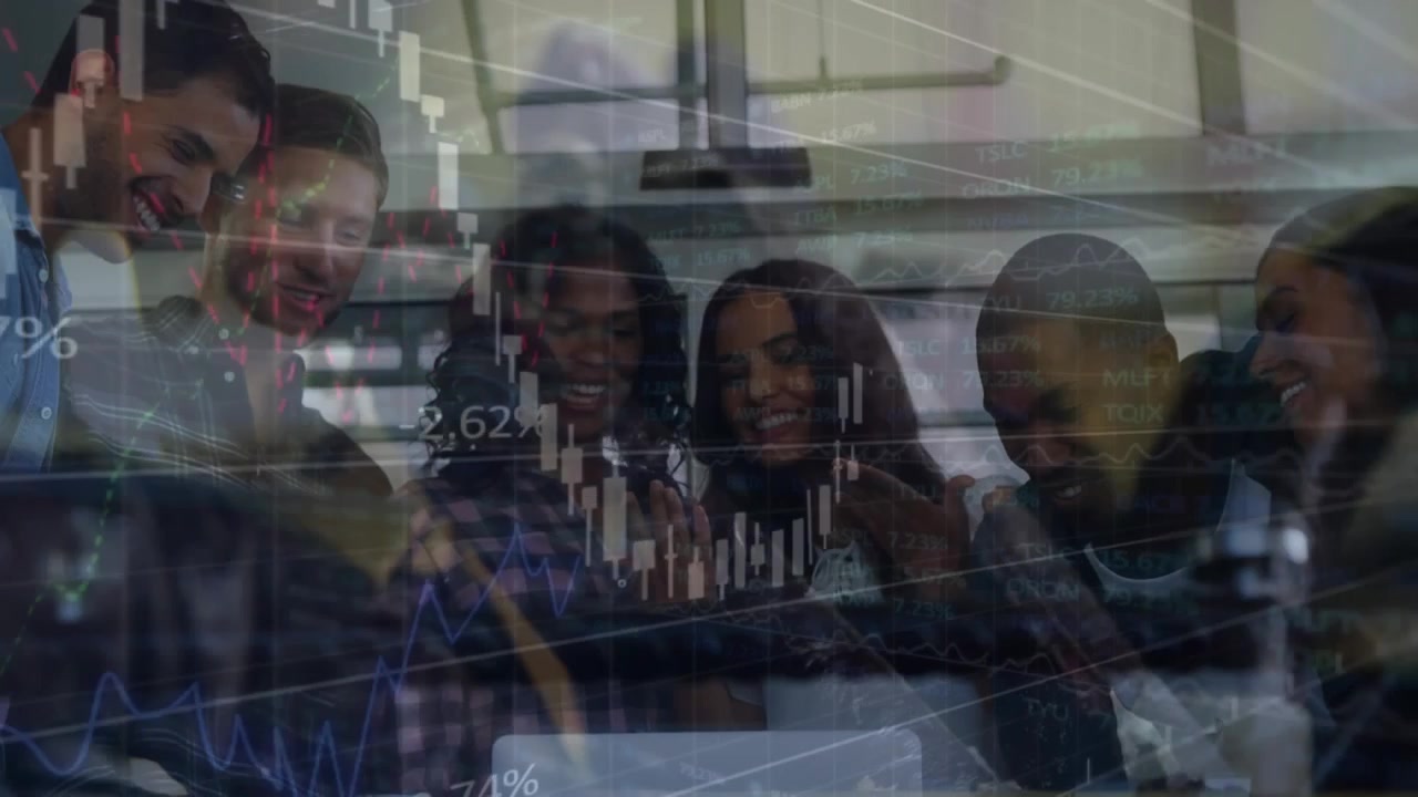 Animation of financial data processing over diverse colleagues high fiving each other at office