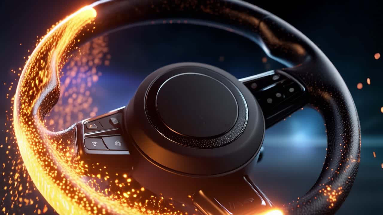 Orbital energy swirls around a futuristic steering wheel. Glowing particles surge from the wheel's edges. Dark background contrasts with radiant motion. Vehicle controls gleam under stylized lighting