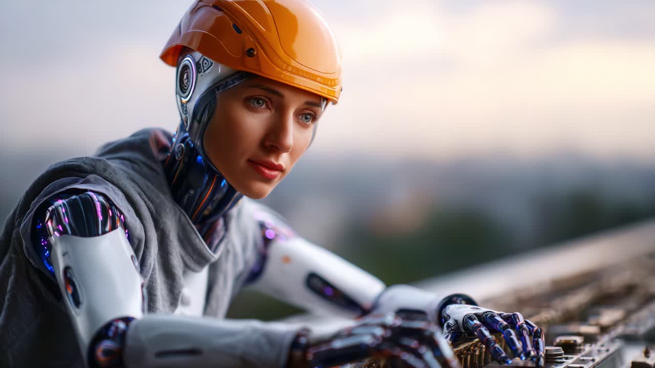 A Futuristic Robotic Worker in a Safety Helmet, Focused on Tasks, Emphasizing Innovation and Human-like Features Amidst a Dynamic Urban Background