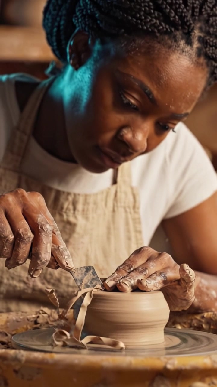 Artigianato della Ceramica: Un abile ceramista modella l'argilla in splendidi vasi, catturando l'essenza dell'arte fatta a mano in un ambiente di studio caldo e accogliente.