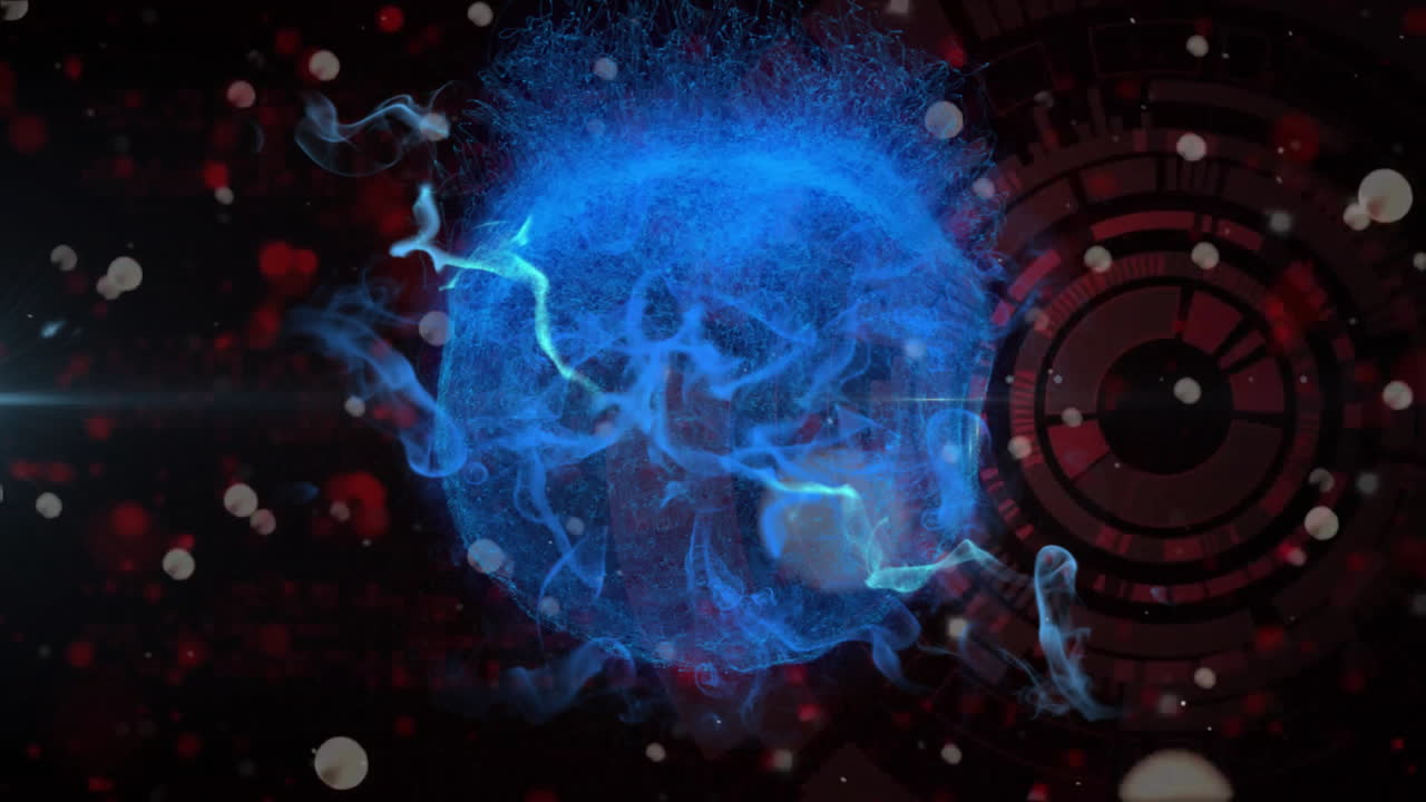 빛나는 파란색 지구와 검은색 배경 위에 움직이는 빛의 반점의 애니메이션