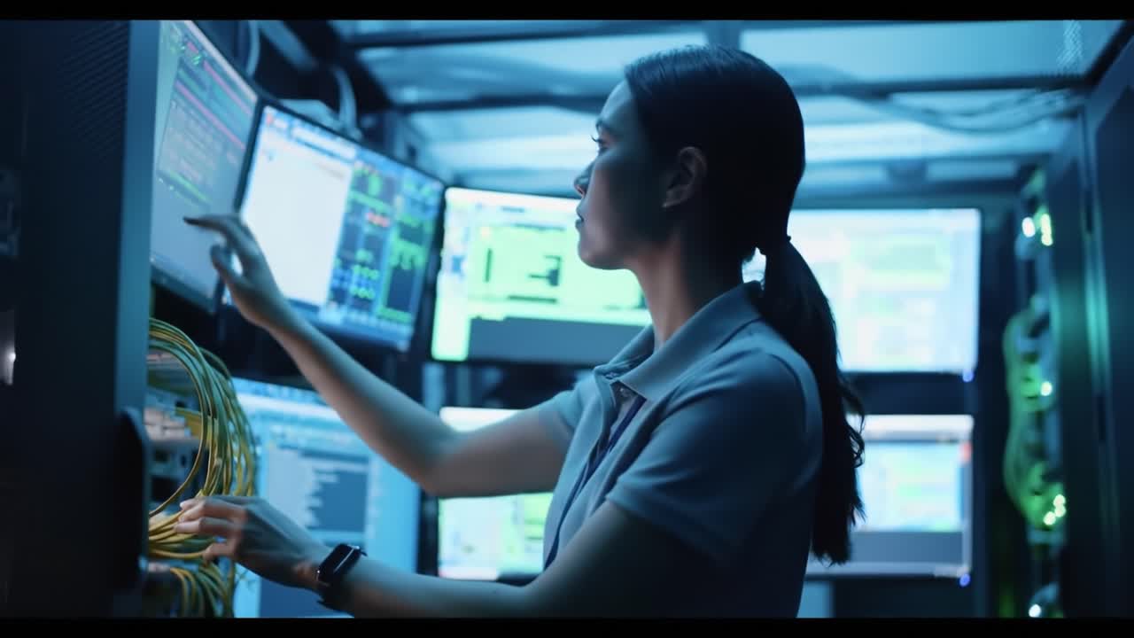 A Focused Technician in a High-Tech Server Room: Managing Complex Systems Amidst Glowing Screens and Data Streams