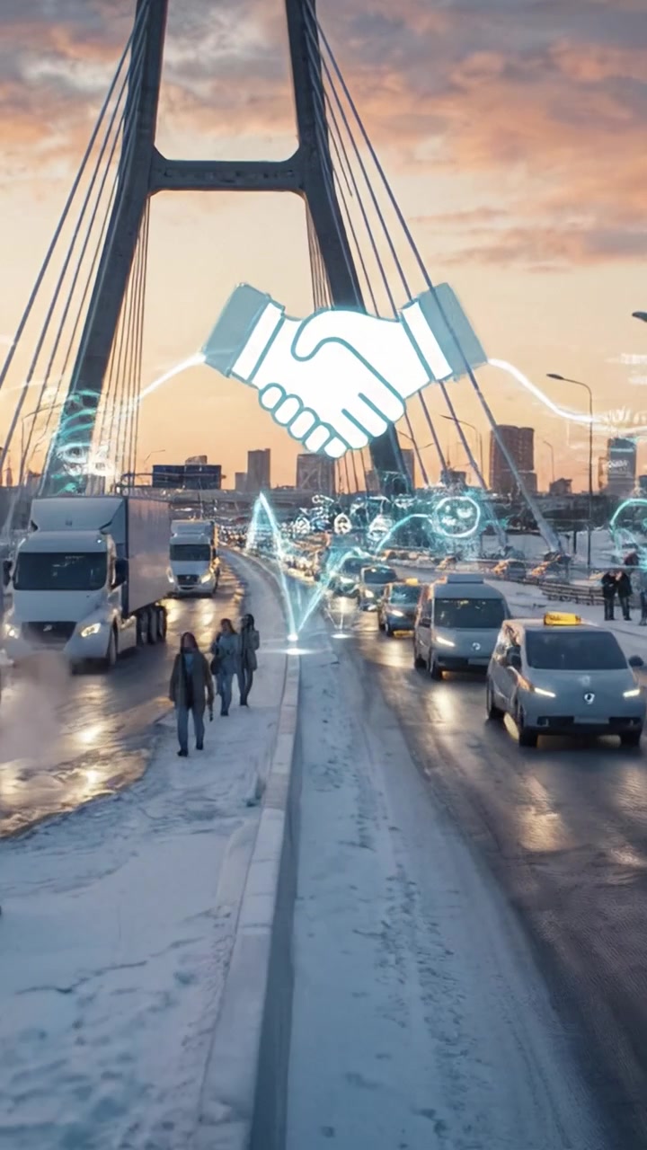 Rush Hour Traffic Under a Stunning Sunset: The Busy Urban Scene with Vehicles and Snow-Covered Roads Beneath a Majestic Bridge
