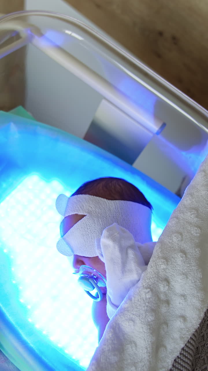 Cute baby in a crib on UV lamp. High bilirubin therapy for newborns in maternity hospital. Top view. Vertical video