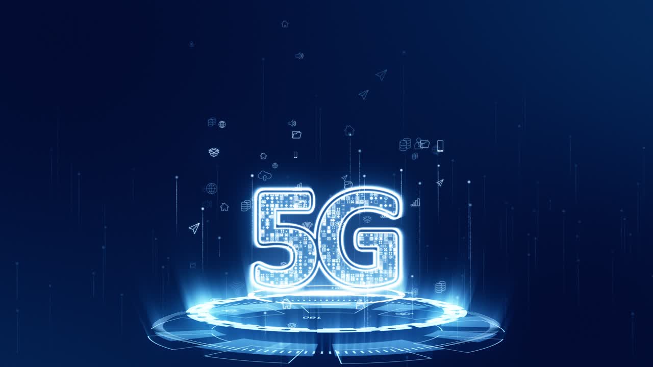 motion graphic del logo blu digitale 5g con tecnologia futuristica rotazione del cerchio e icona di levitazione su sfondo astratto