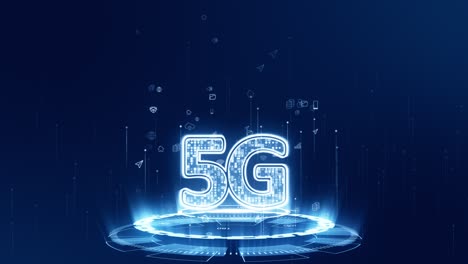 motion graphic of blue digital 5g logo with futuristic technology circle rotation and levitation icon on abstract background