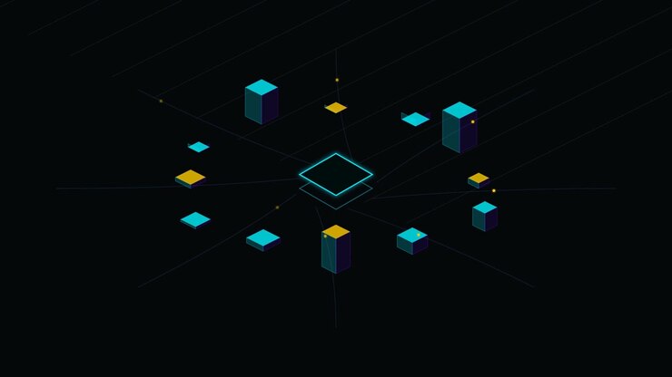 Abstract Isometric Data Network Animation with Floating Cubes