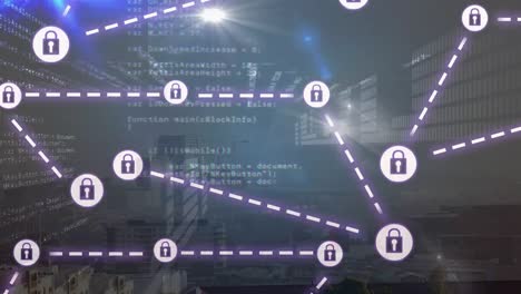 Animación-Del-Procesamiento-De-Datos-Y-Red-De-Conexiones-Sobre-El-Paisaje-Urbano