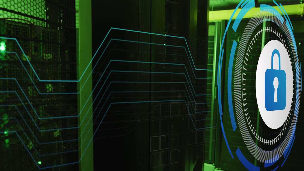 Animation of data processing with padlock icon over server room