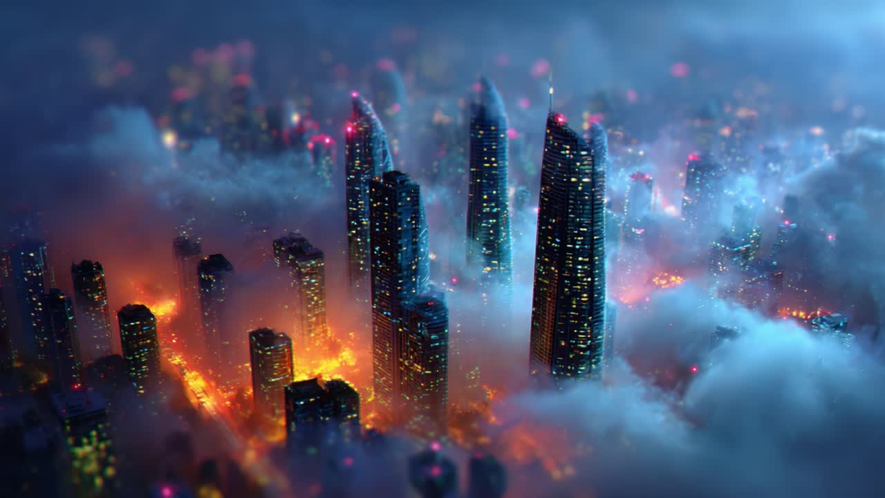 Aerial View of a Futuristic Cityscape at Night Surrounded by Mist, Highlighting the Bright Lights and Skyscraper Structures Emerging from the Fog