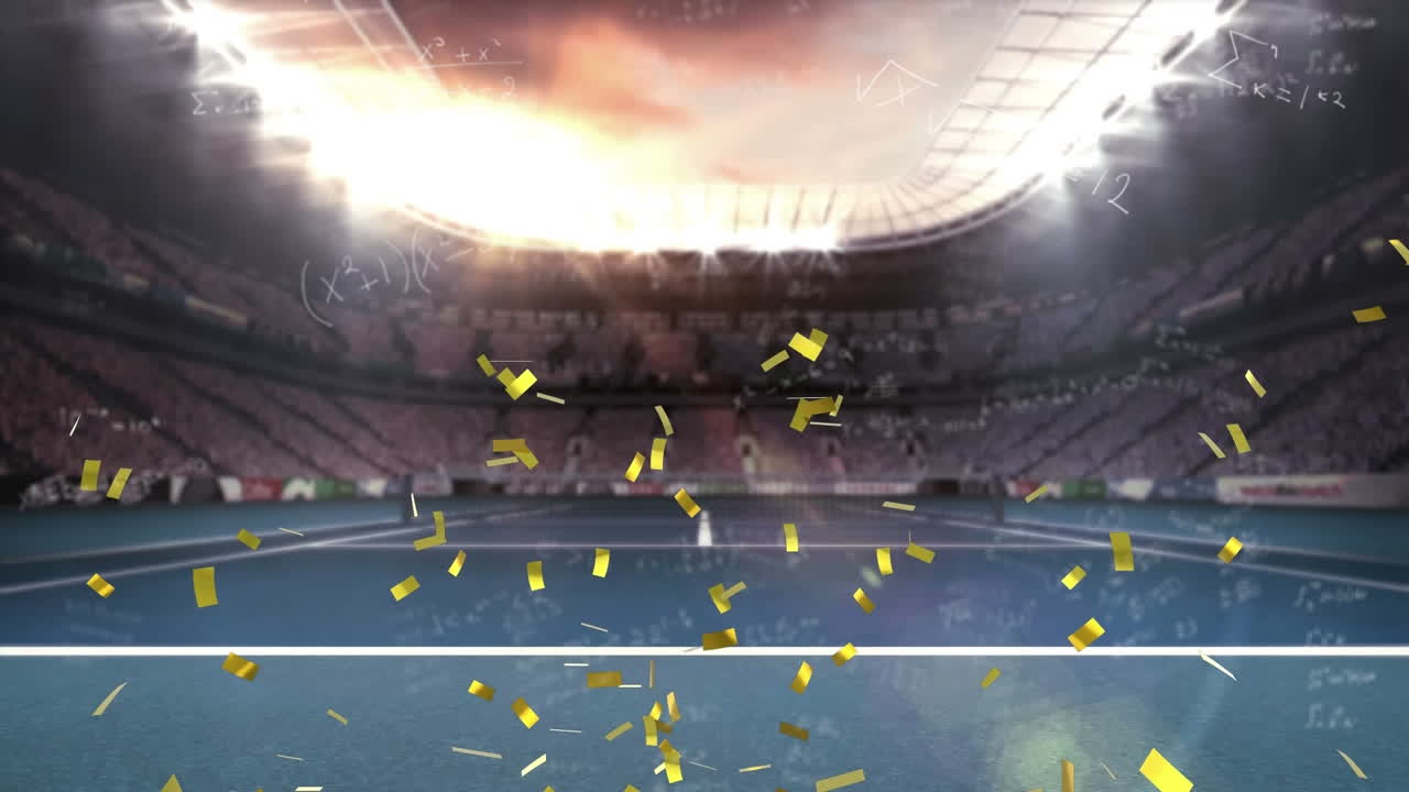 스포츠 경기장 에 떨어지는 수학 방정식 과 황금 콘페티 의 애니메이션