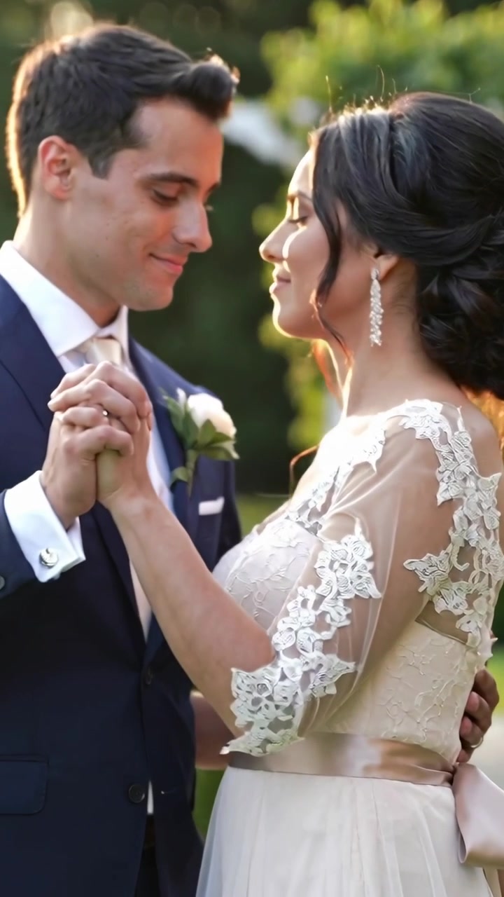 Video vertical: Novios bailando tomados de la mano en el jardín, celebrando el matrimonio, con vestido de encaje