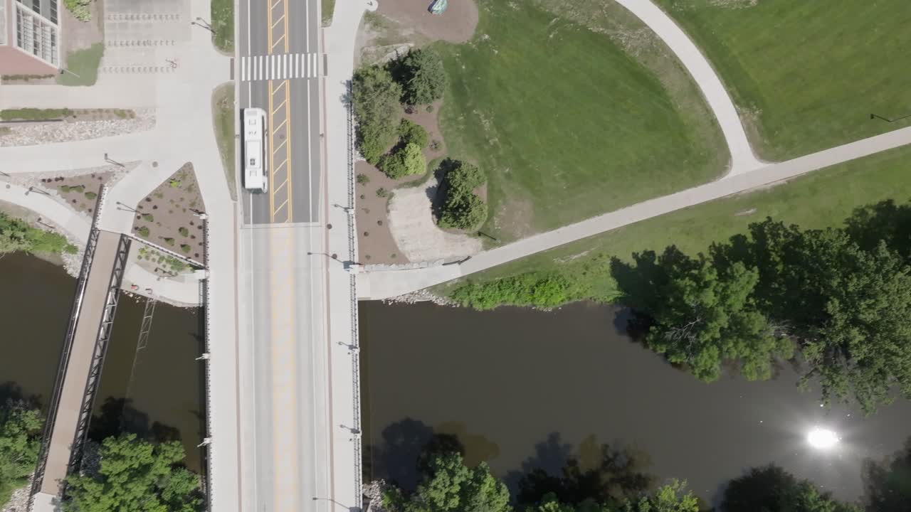 Michigan State University Aerial Drone looking dow Red Cedar River and Shaw Lane left to right