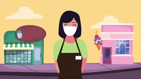 mujer con una máscara delante de las tiendas