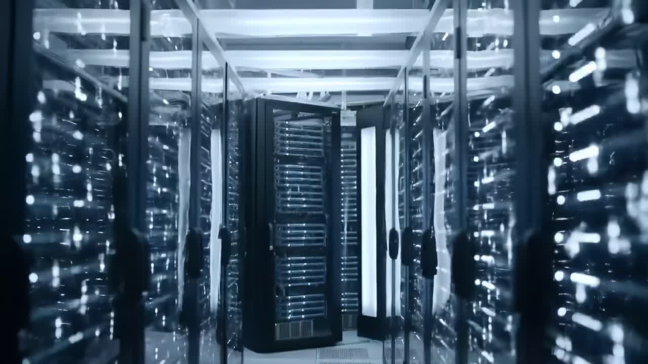Inside a state-of-the-art data center, rows of server racks line the room, illuminated by soft lights. The environment is cool and features advanced cooling systems for optimal performance.