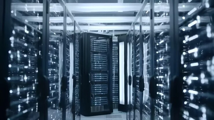 Inside a state-of-the-art data center, rows of server racks line the room, illuminated by soft lights. The environment is cool and features advanced cooling systems for optimal performance.
