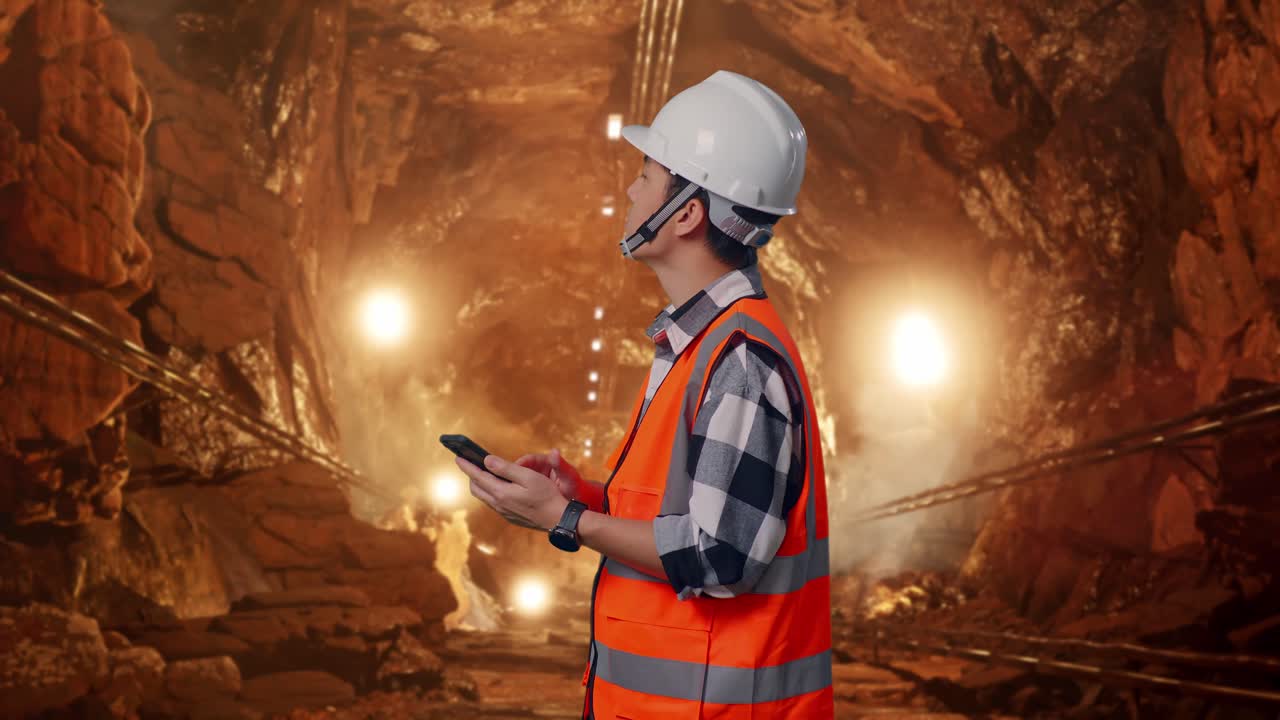 Side View Of Asian Male Engineer With Safety Helmet Using Smartphone And Looking Around While Standing In Underground Mine Tunnel