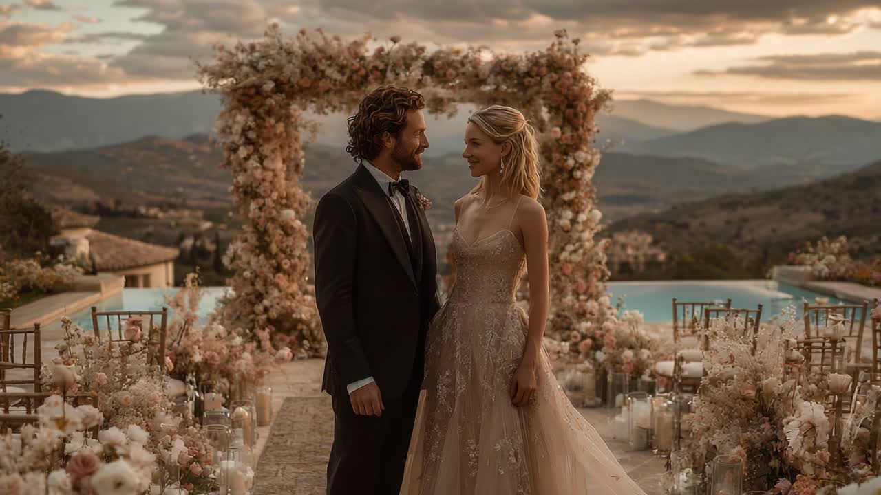 Enchanting Wedding Ceremony at Dusk Embraced by Nature's Beauty - Captivating Vows and Love in a Picturesque Outdoor Setting Surrounded by Floral Splendor