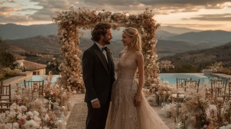 Enchanting Wedding Ceremony at Dusk Embraced by Nature's Beauty - Captivating Vows and Love in a Picturesque Outdoor Setting Surrounded by Floral Splendor