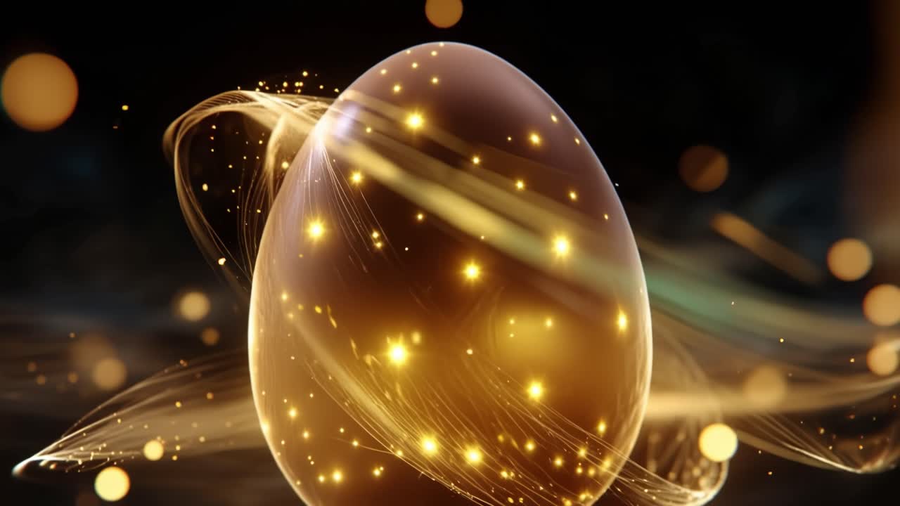 Uovo d'oro circondato da particelle luminose e scie luminose vorticose. Scena cosmica astratta con illuminazione calda e magica. Perfetto per Pasqua, lusso o progetti a tema fantasy.