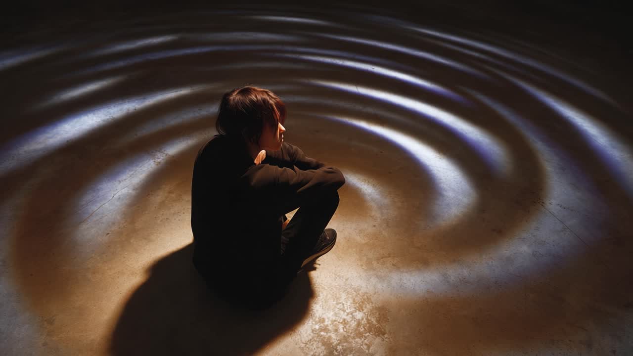 Overpeinzing in het licht: een eenzame figuur omringd door rimpelende reflecties op de grond, wat diepe gedachten en emotionele weerklank oproept