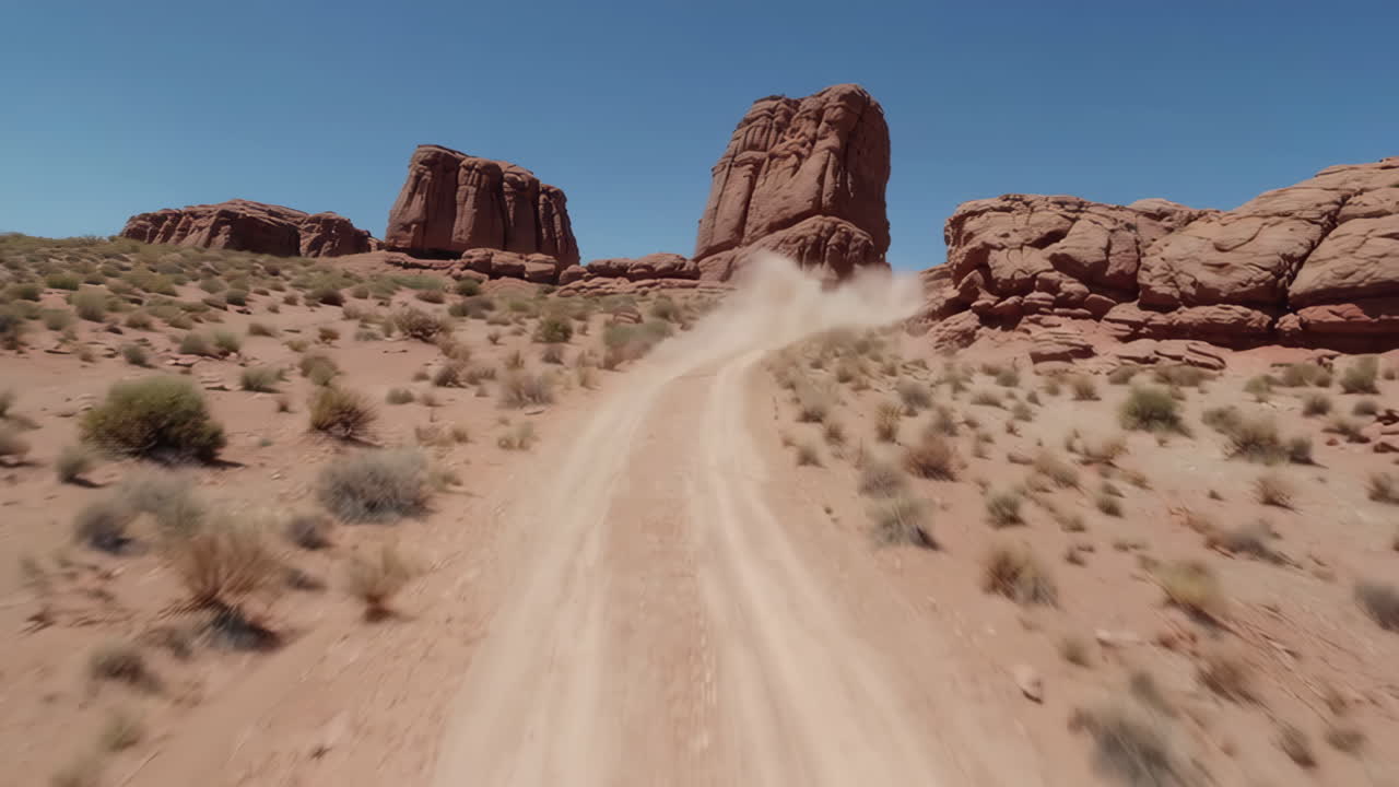 Dust plume rising from a dirt road through a red rock desert landscape