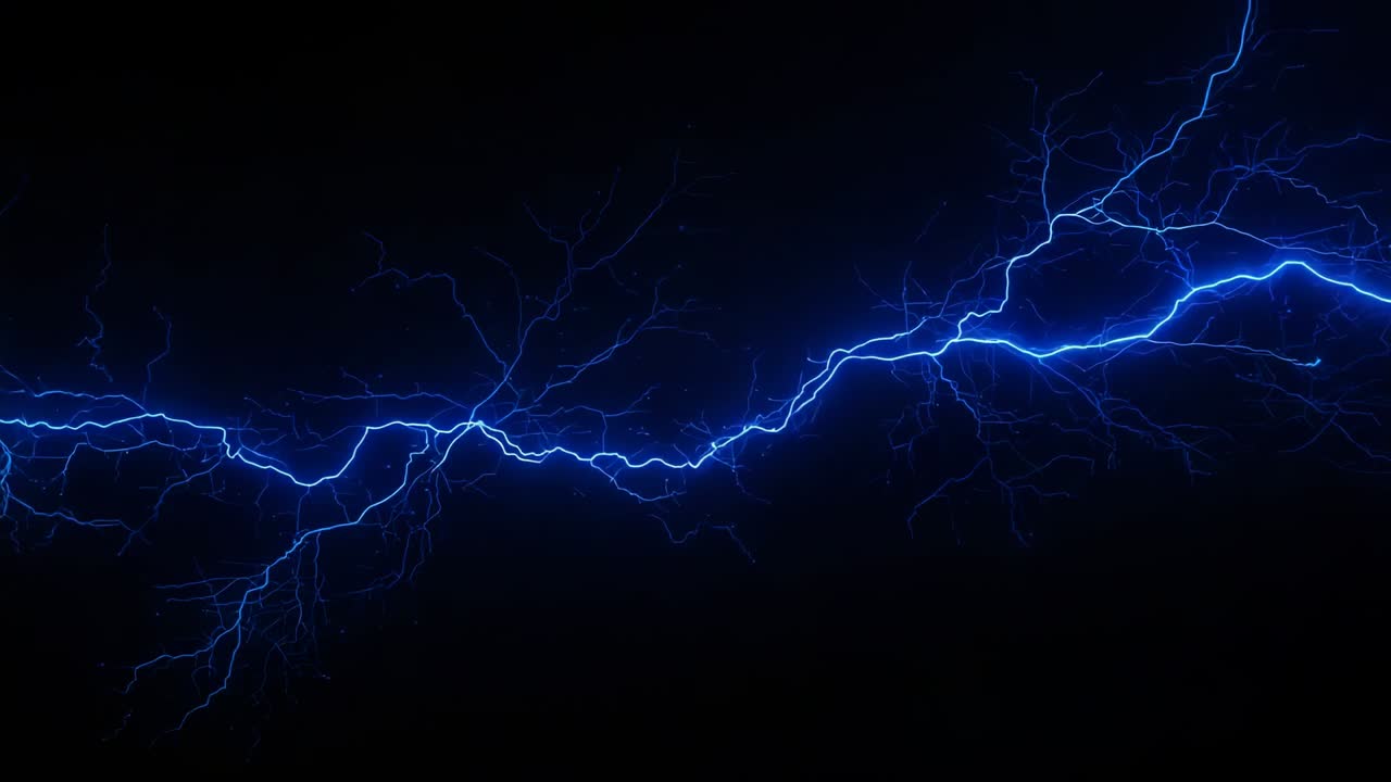 Začátek na černé obrazovce, zubatý modrý blesk se zhmotňuje uprostřed, pulzuje, mizí