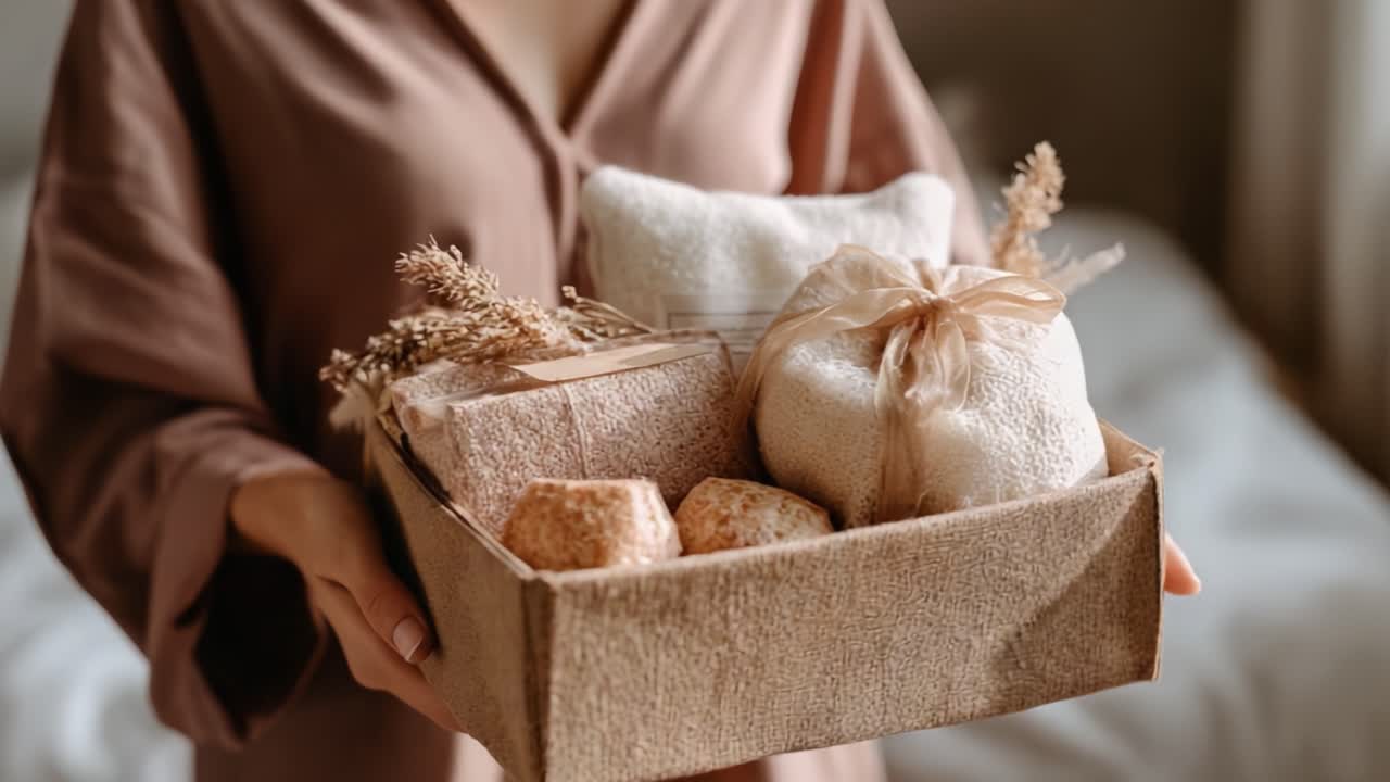 A Beautifully Wrapped Gift Basket of Natural Bath Products and Cozy Items, Perfect for Relaxation and Self-Care Moments
