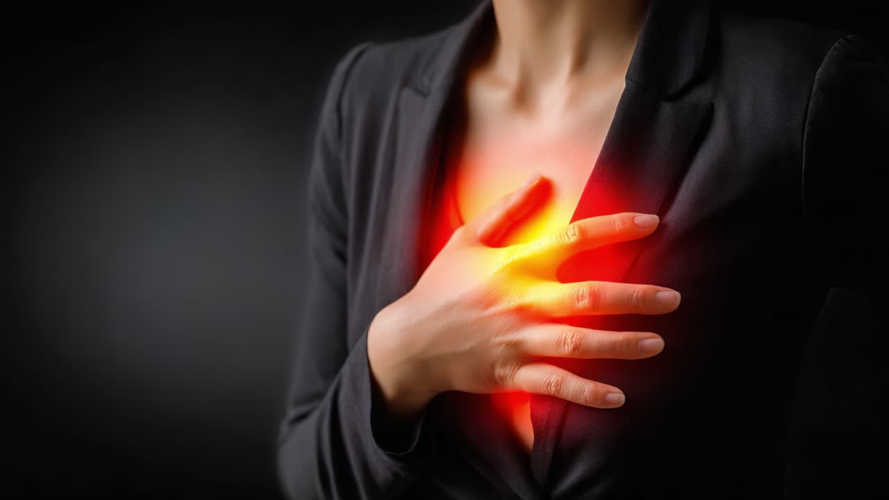 An Intense Moment of Internal Struggle: A Person Grasping Their Chest, Symbolizing Emotional Pain or Health Crisis in a Darkened Background