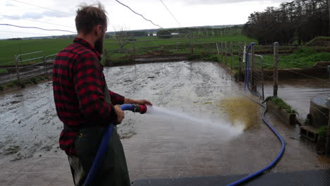 male hosing animal waste from concrete area on farm