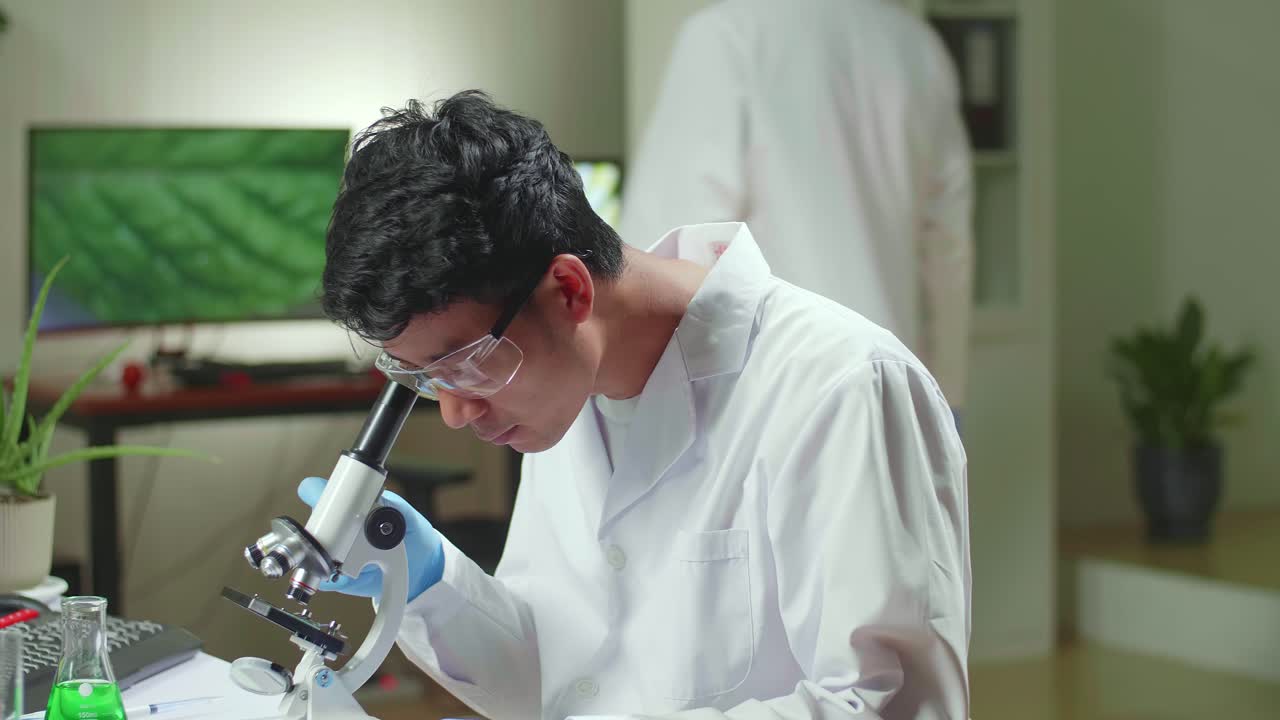 Biochemistry Doctor Examining Chemical Test Using Microscope For Genetic Researcher. Biologist Specialist Discovery Organic Gmo Plants While Working In Microbiology Food Laboratory