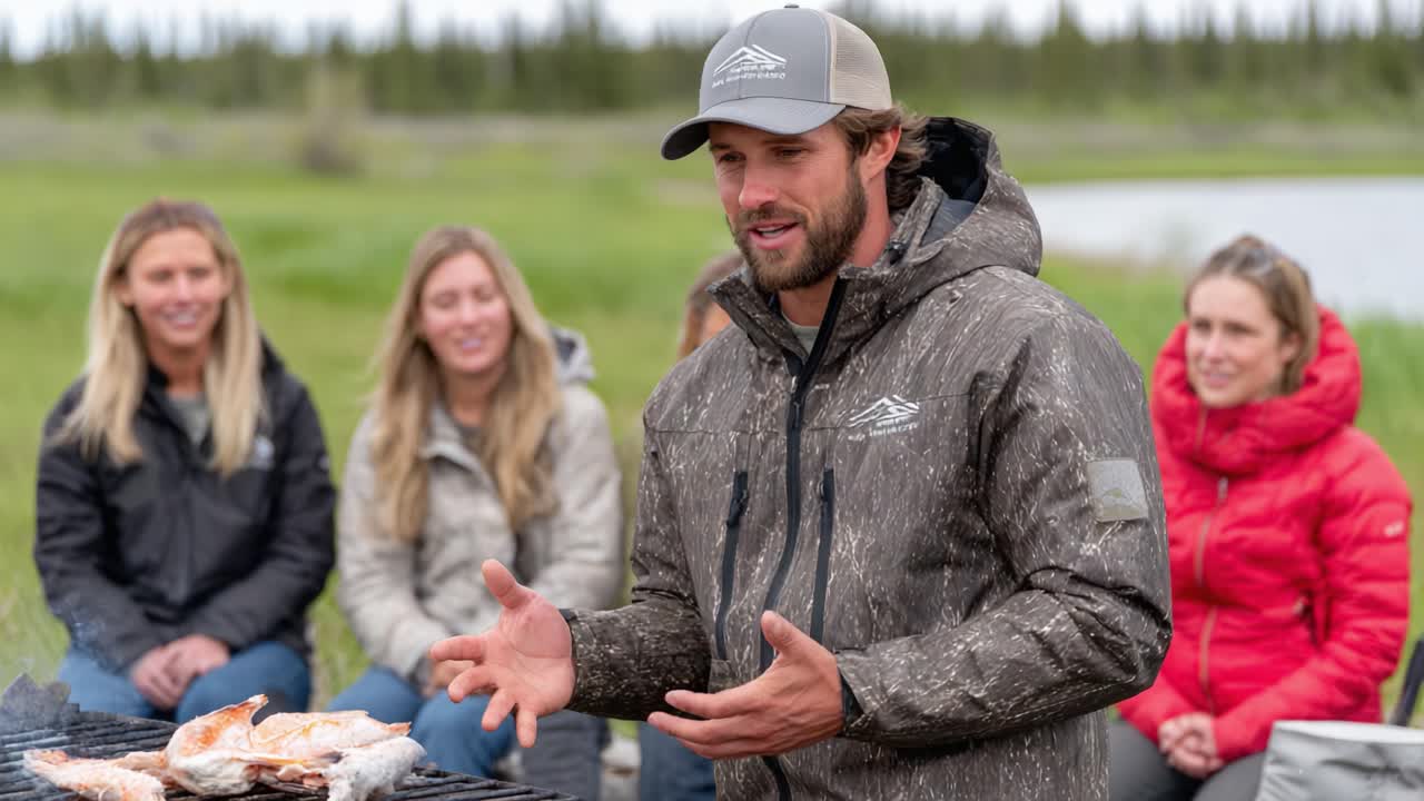 Engaging Outdoor Cooking Experience: A Group Enjoys a Meal While Learning Culinary Skills Near a Scenic Waterbody Surrounded by Nature