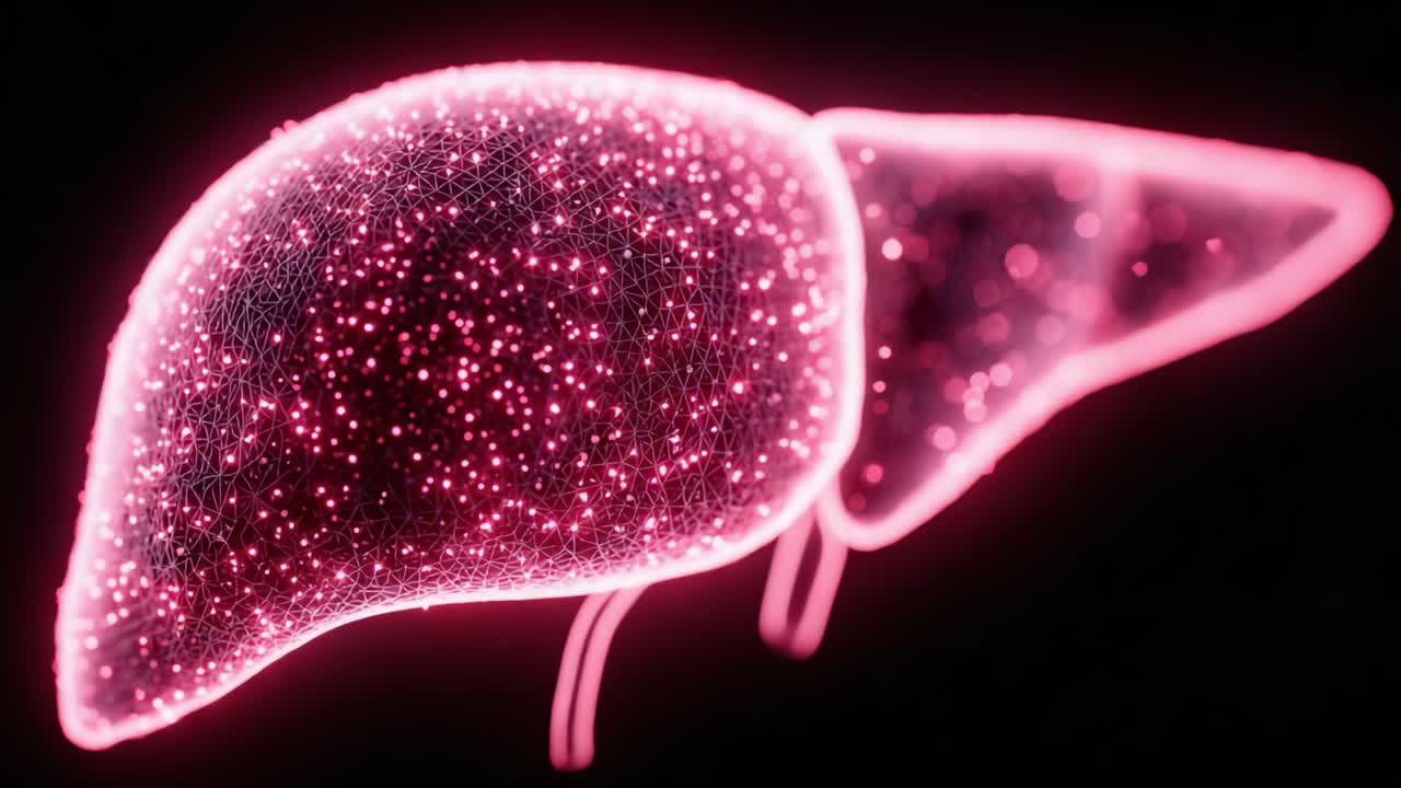 A Stunning Visualization of a Liver Made with Glowing Neon Lines and Particles, Highlighting Its Intricate Structure and Function in a Modern Digital Style