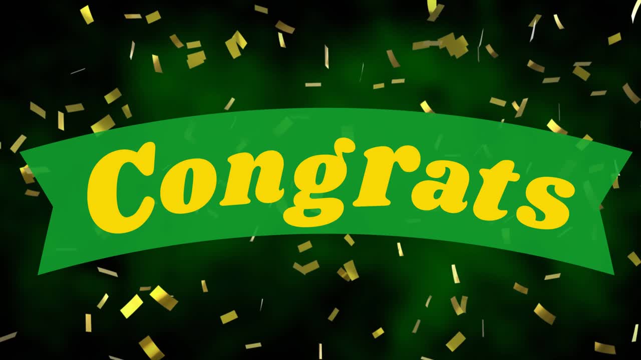 검은 바탕에 떨어지는 축하 텍스트와 콘페티의 애니메이션