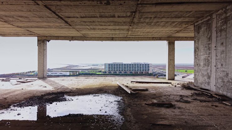 Urban exploration in an unfinished building with water puddles