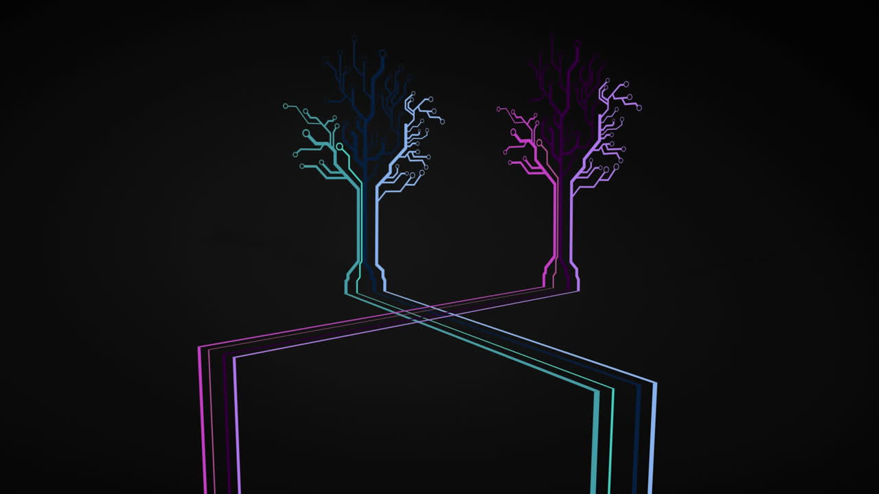 검은 바탕에 네온으로 만든 두 개의 나무의 애니메이션, 다채로운 선.