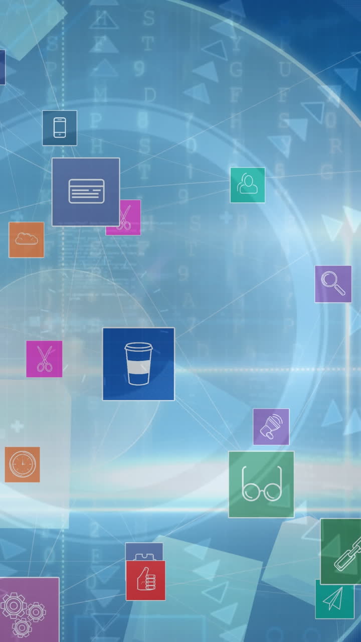 animación digital de múltiples iconos digitales flotando contra un escáner redondo sobre un fondo azul