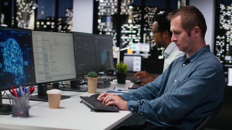 Focused Programmer Typing Code on Computer in Modern Office at Night