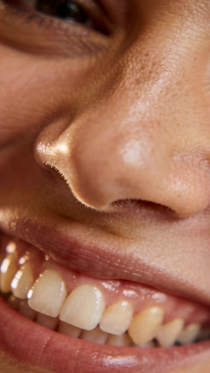 Vertical video: Smiling woman showing upper, lower teeth in studio, with glossy lips, eye crinkle