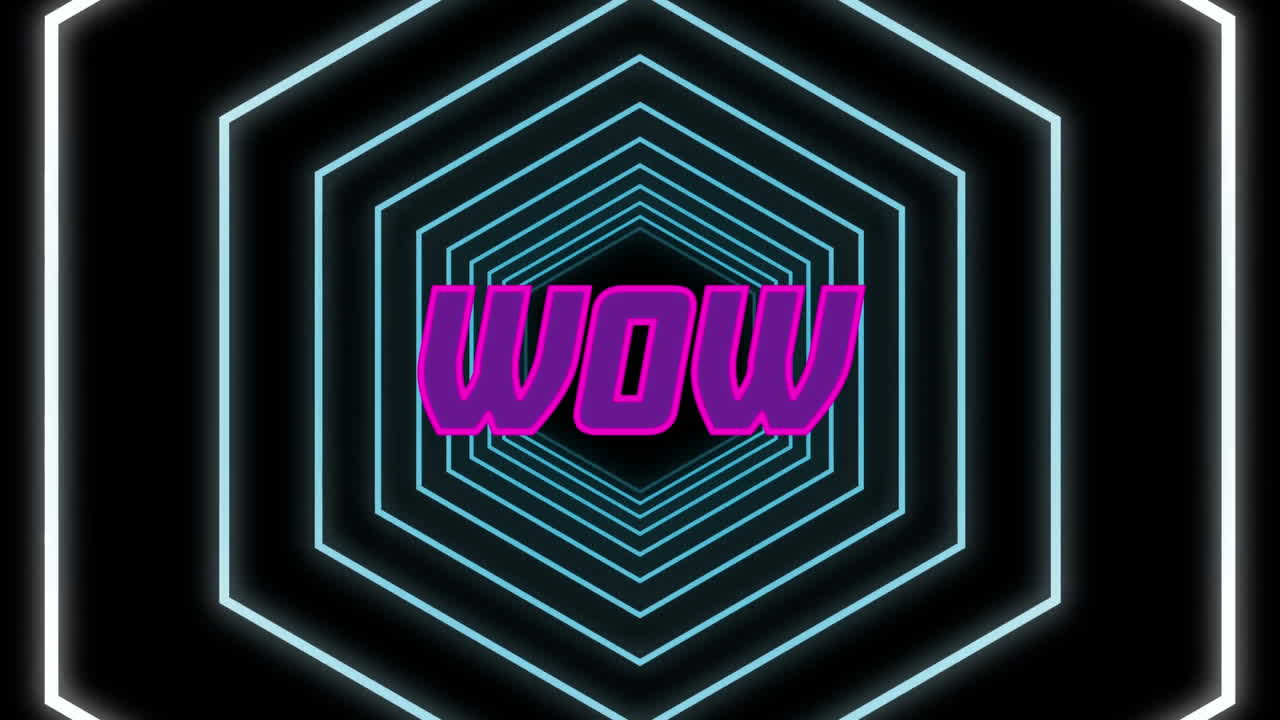 animazione di testo rosa e viola wow, su esagoni al neon bianco che si muovono su sfondo nero
