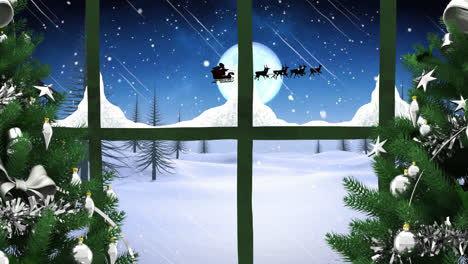 Animation-Einer-Winterlandschaft-Mit-Weihnachtsdekoration,-Gesehen-Durch-Ein-Fenster