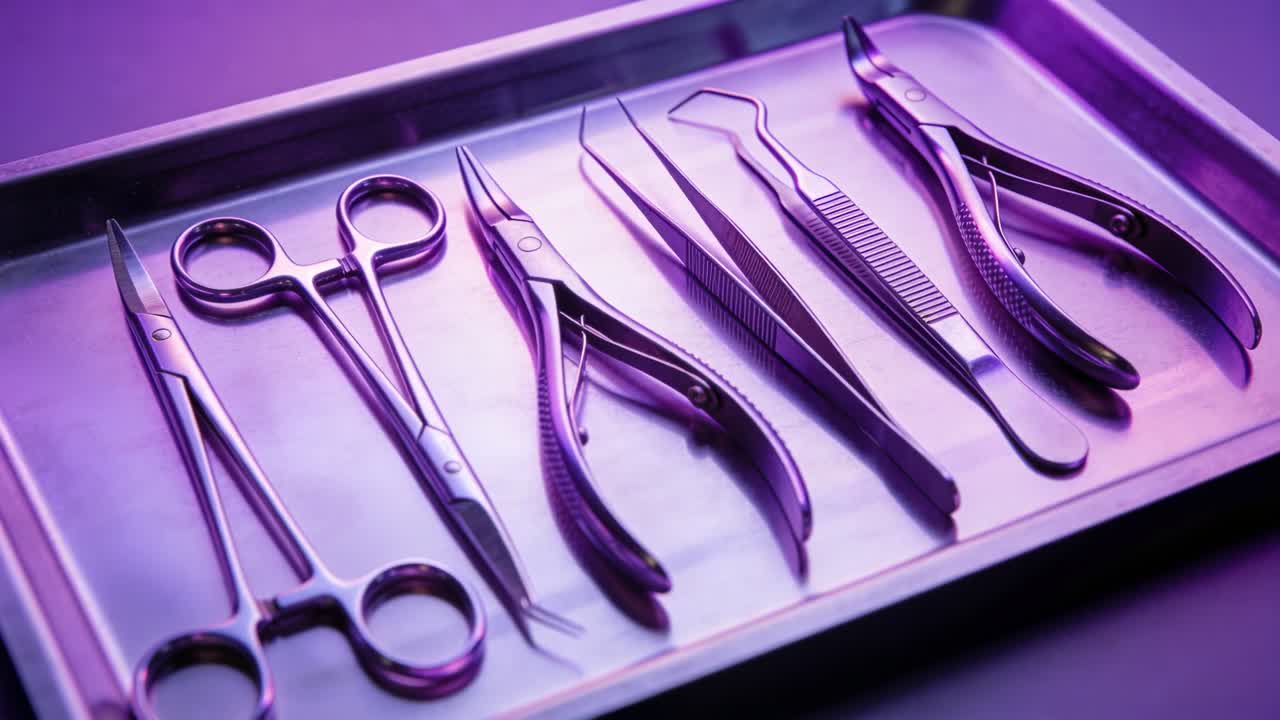 Vídeo vertical: Ajustando o foco, câmera revelando bandeja de aço com ferramentas de metal sobre a mesa para textura