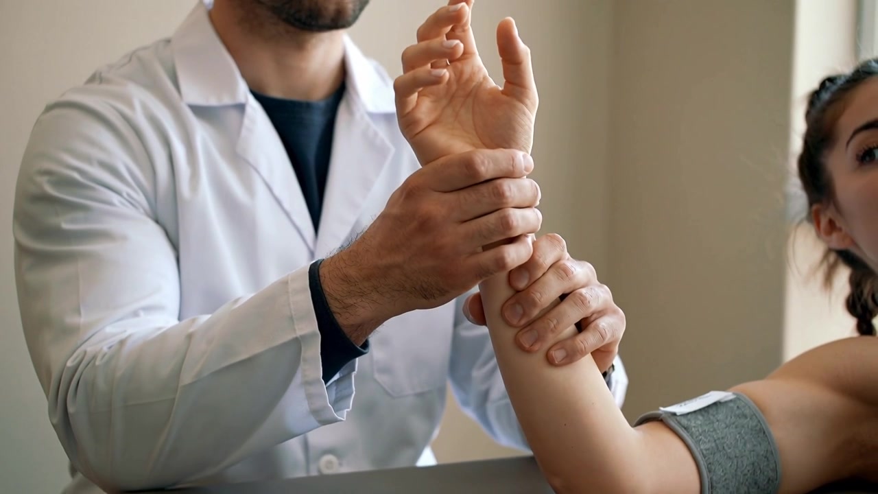 Posizionando le mani, un clinico in camice valuta la mobilità del polso del paziente in clinica con un bracciale