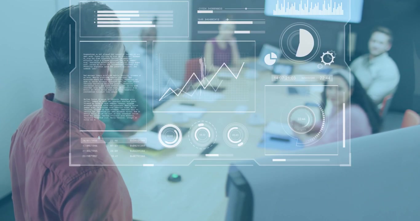 Animation of globes, loading bars, diverse man explaining strategy on whiteboard to coworkers