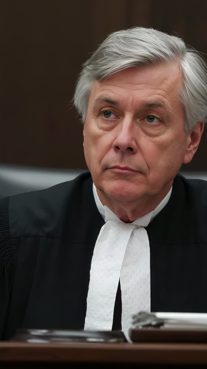 Vertical video: Listening during hearing judge in black robe white tabs, glancing at bench papers