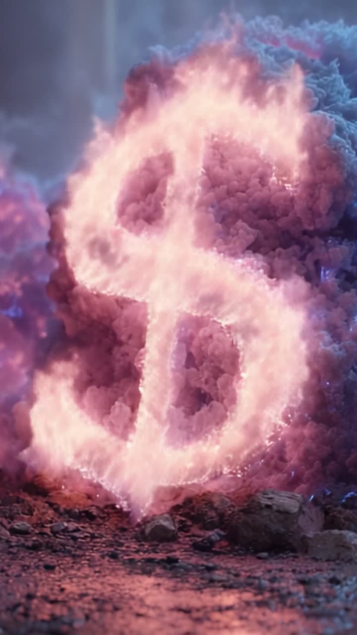 Z barevného kouře se vynořuje zářící dolarové znamení, které symbolizuje bohatství a prosperitu v surreálném spojení plamenů a fantazie.