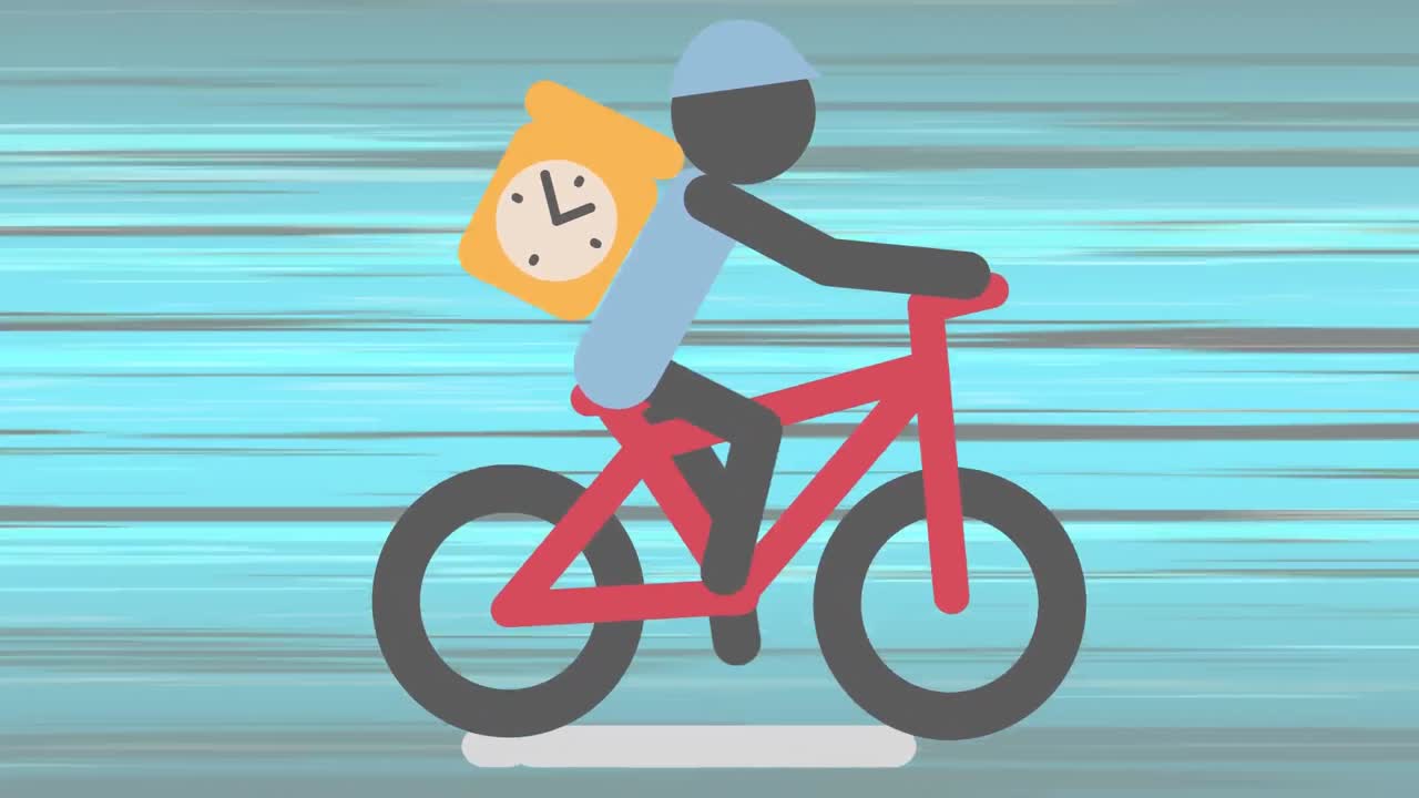 타이킹 시계와 함께 배달 패키지 상자를 들고 자전거를 타고 있는 남자의 디지털 애니메이션